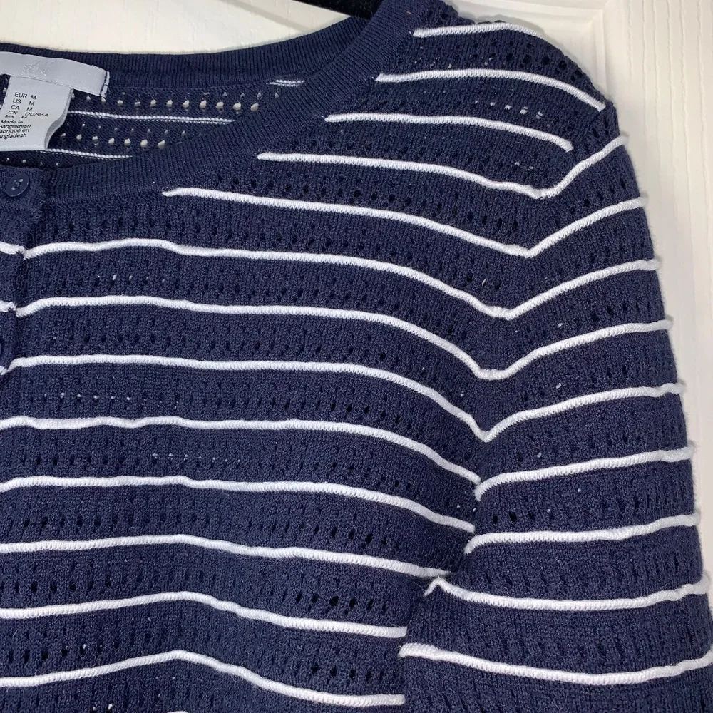 Nautical Striped Knit Sweater Navy White 3/4 Sleeve Size M – Lightweight Coastal - Picture 4 of 11